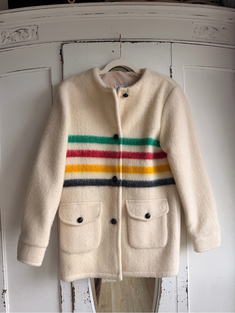Vintage HBC Cream Wool Coat with Colorful Stripes